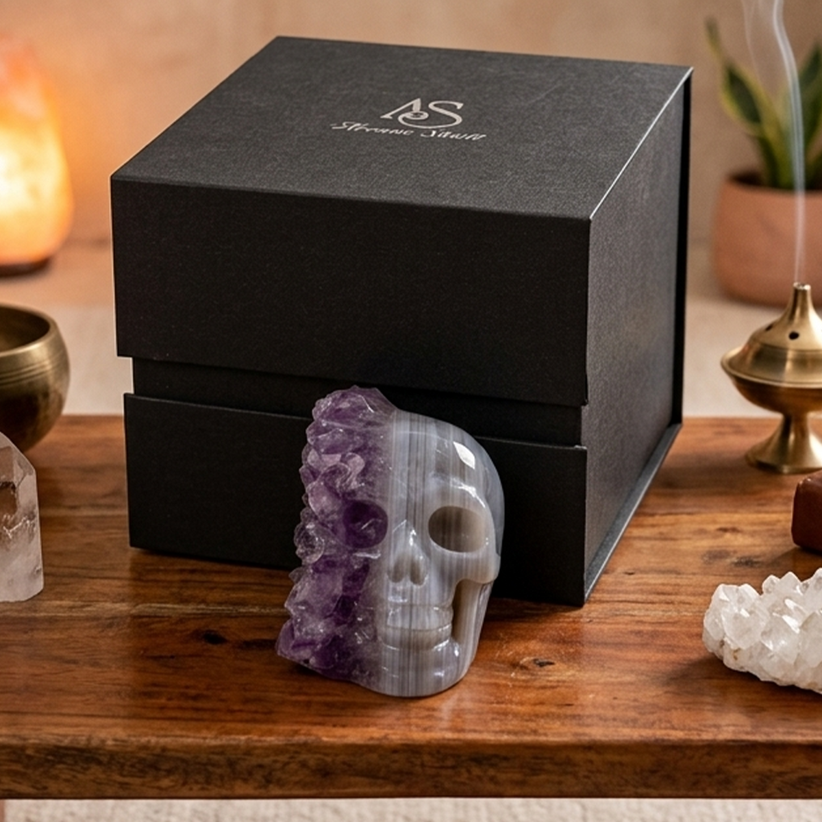 Additional view of a 2-inch Amethyst cluster half-face skull carving