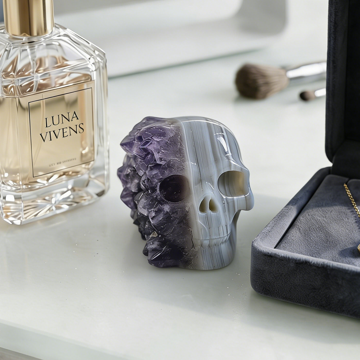 Additional view of a 2-inch Amethyst cluster half-face skull carving