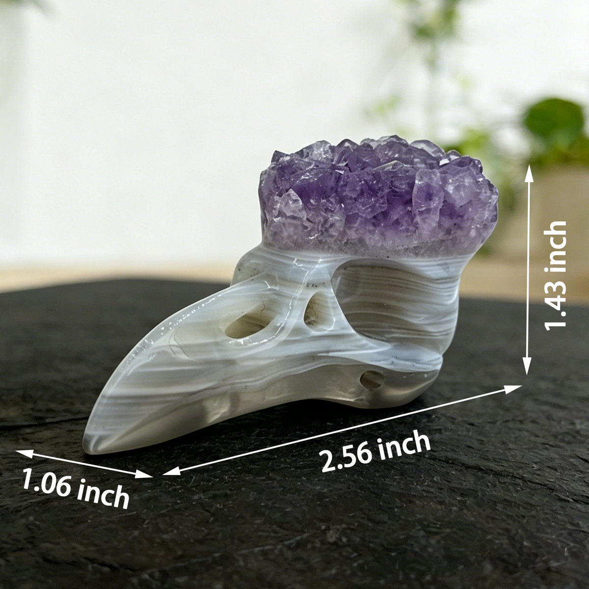 Additional view of a 2.5-inch Amethyst Cluster raven skull carving