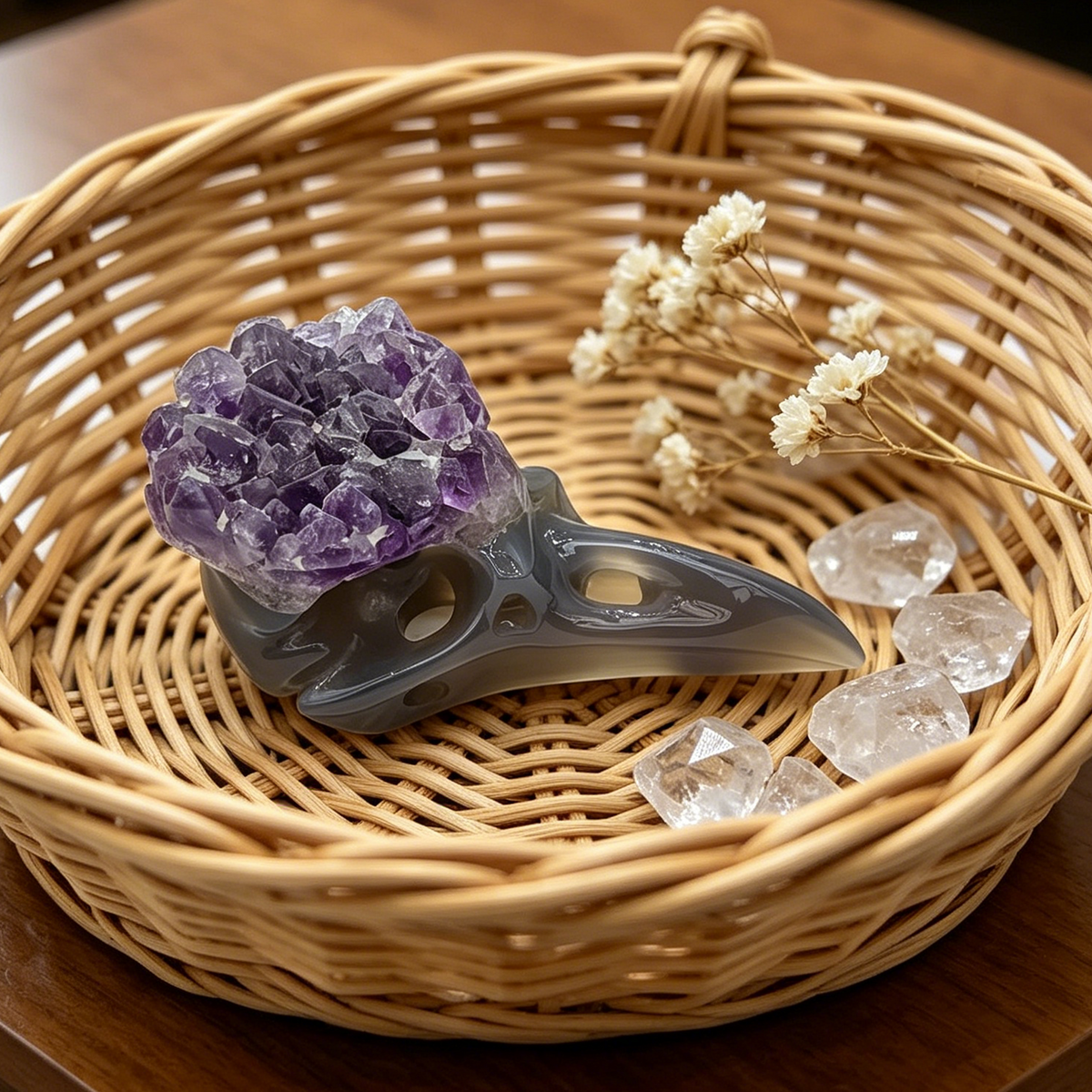 Additional view of a 3.5-inch Amethyst Cluster raven skull carving