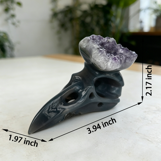 Additional view of a 4-inch Amethyst Cluster raven skull carving