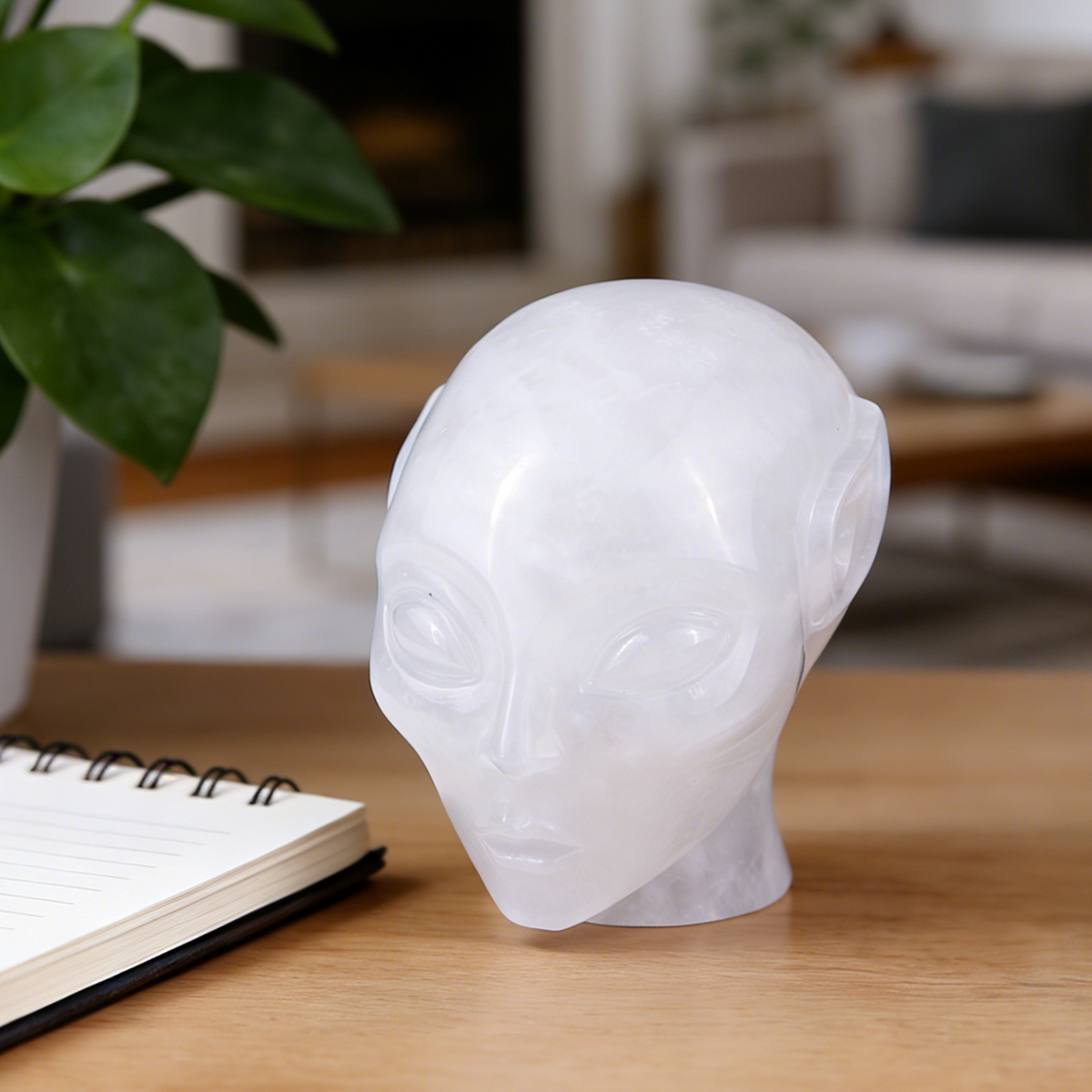 Additional view of a 3.8-inch Angola Quartz alien skull carving