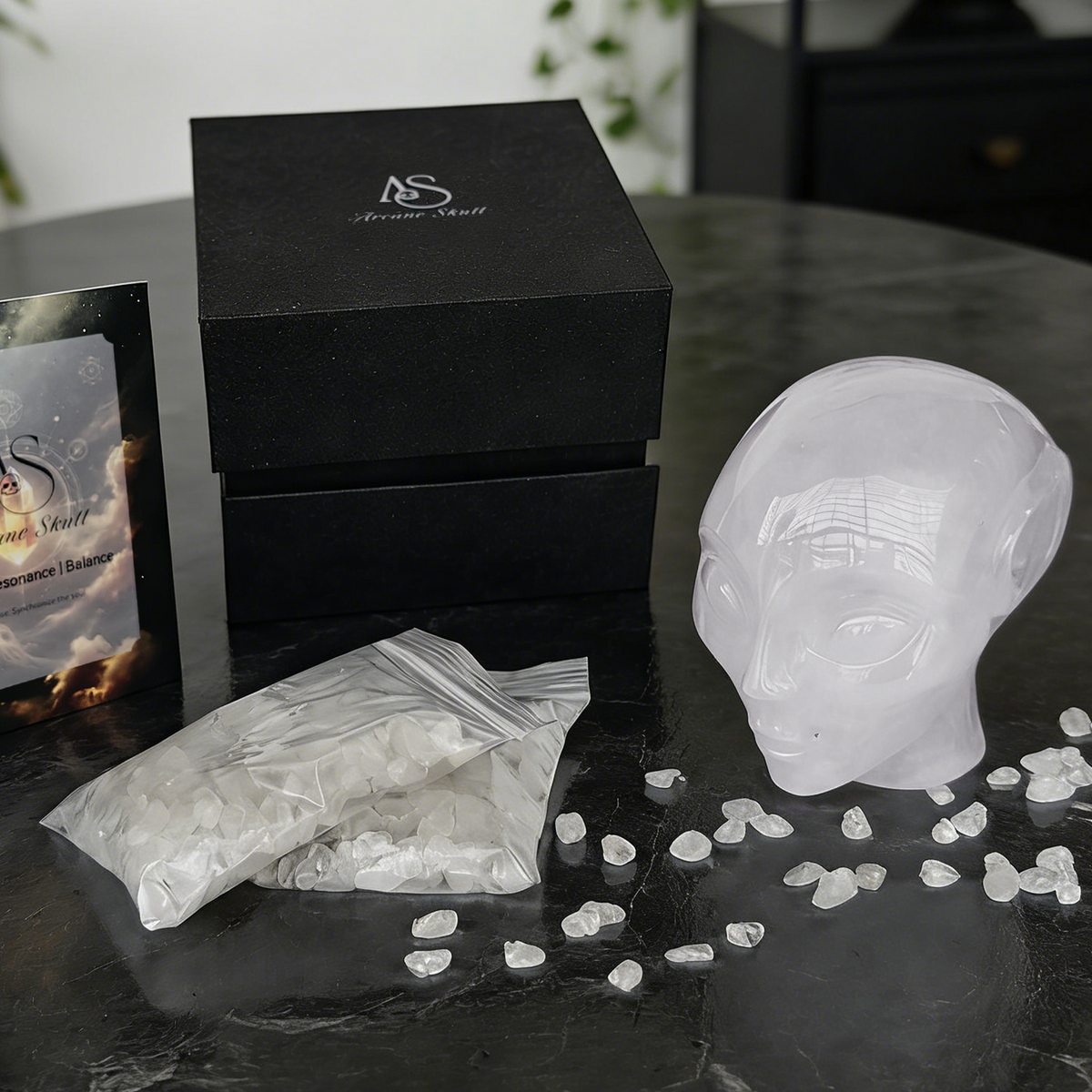 Additional view of a 3.8-inch Angola Quartz alien skull carving