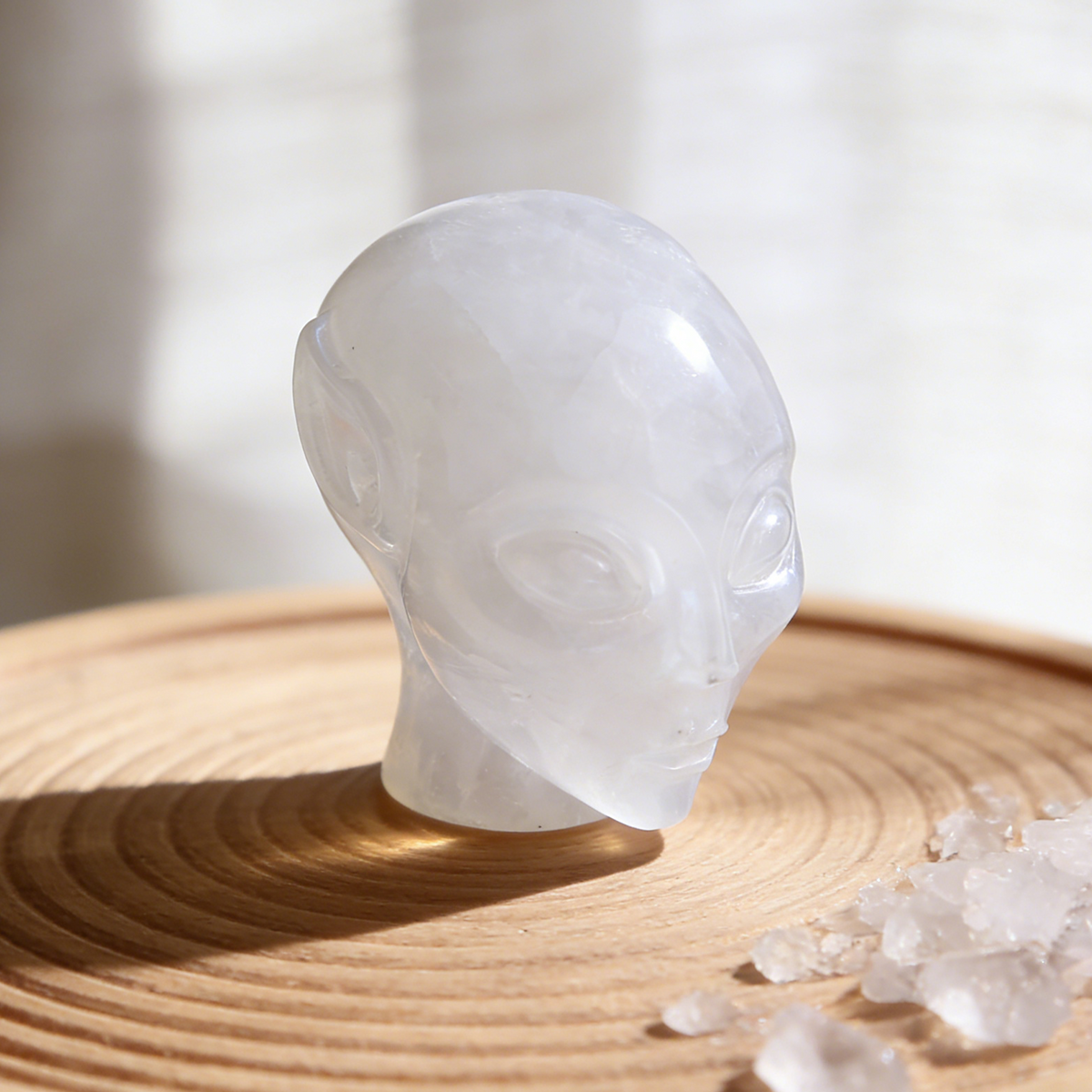 Additional view of a 3.8-inch Angola Quartz alien skull carving