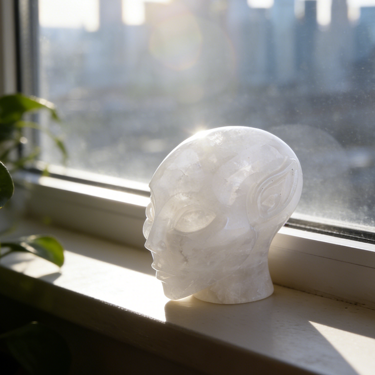 Additional view of a 3.8-inch Angola Quartz alien skull carving