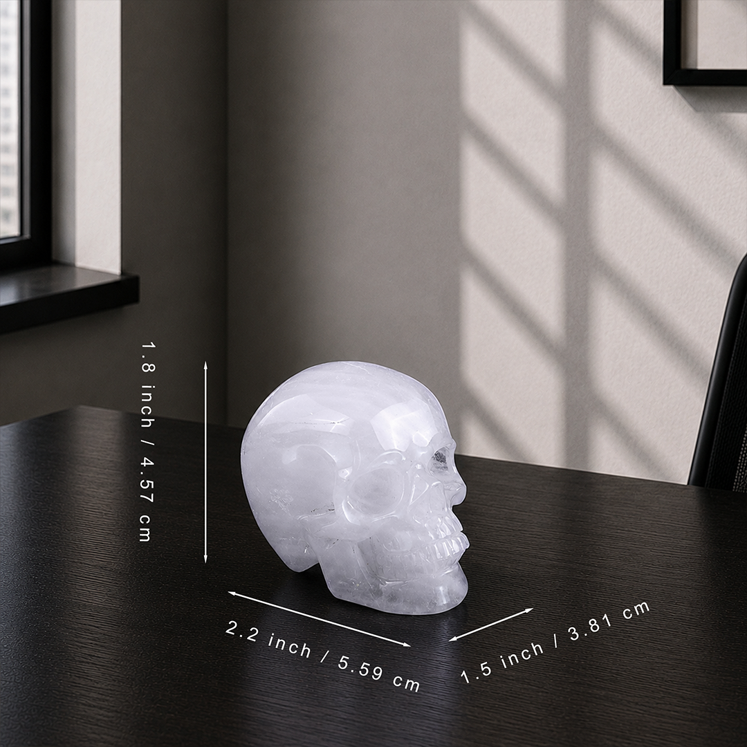 Additional view of a 2-inch Angola Quartz human skull carving