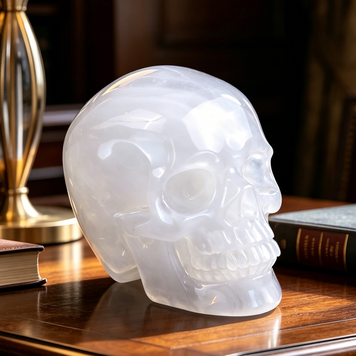 Additional view of a 4.5-inch Angola Quartz human skull carving