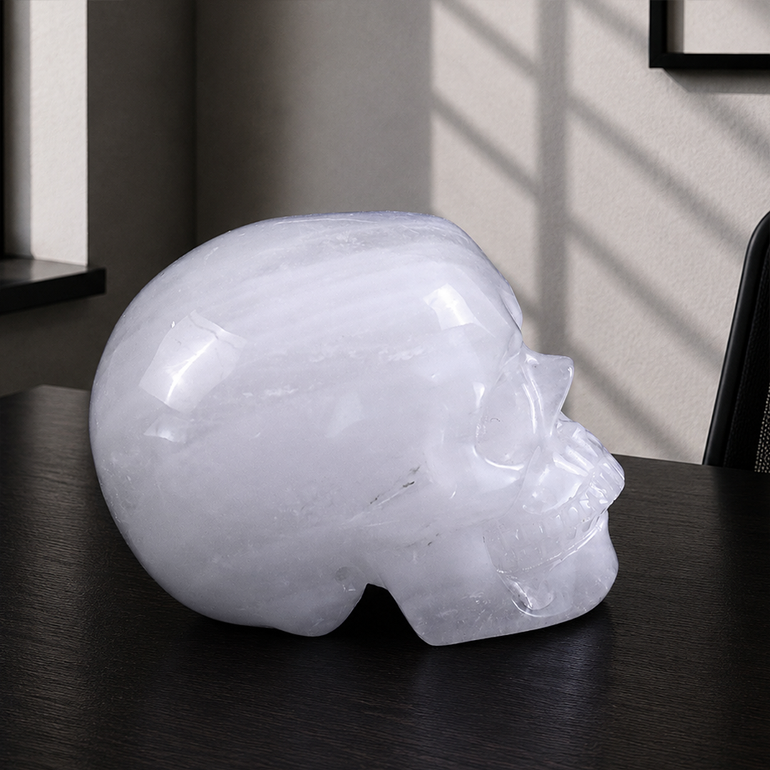 Right view of a Angola Quartz human skull carving