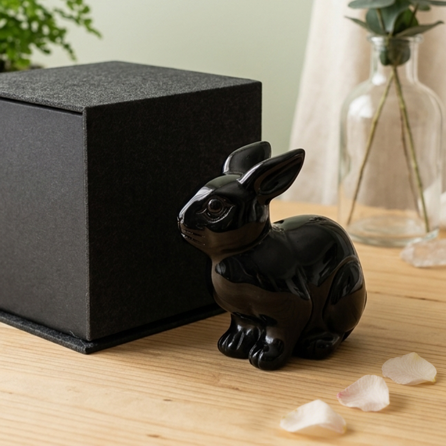 Lapin sculpté en obsidienne noire – Animal en cristal sculpté à la main