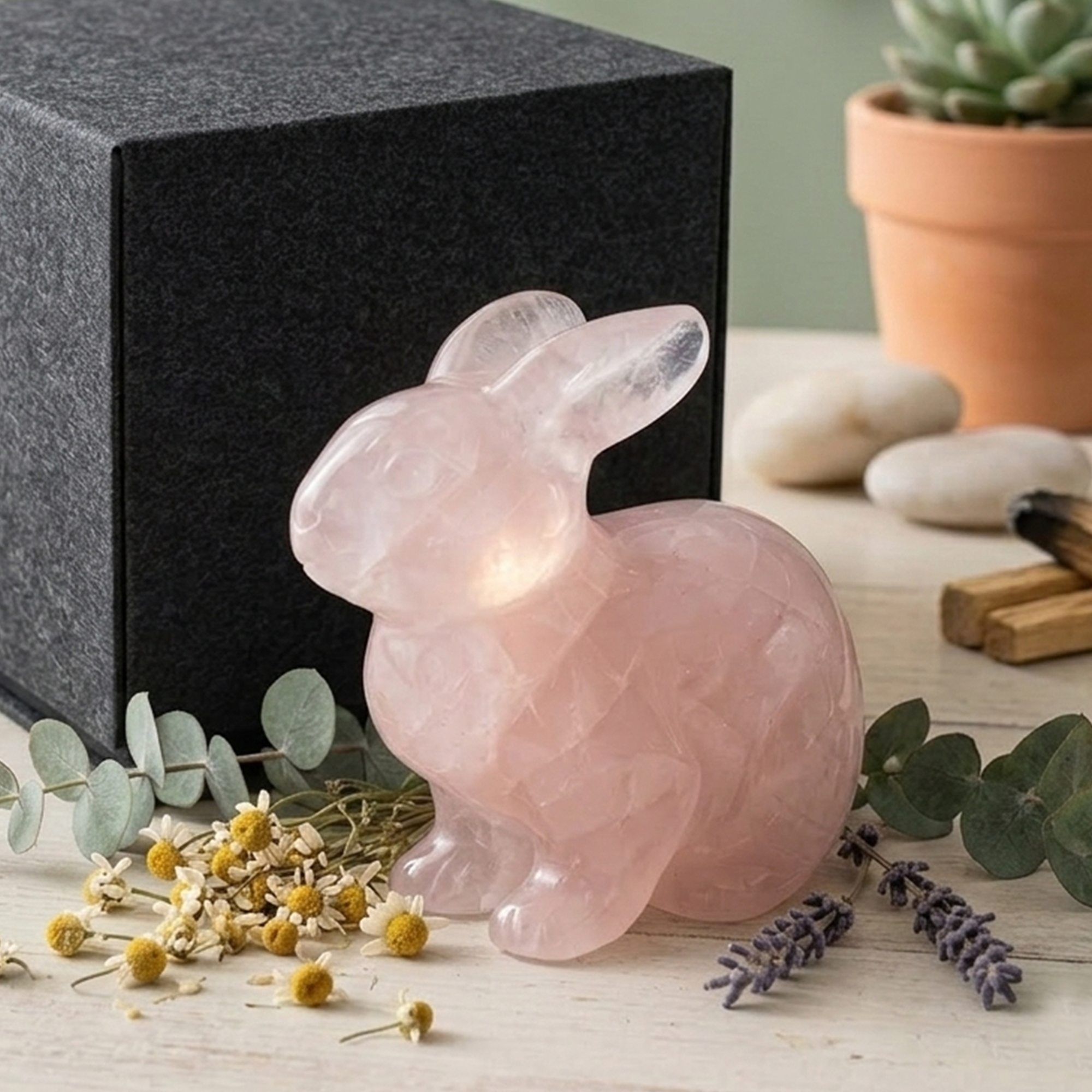 Rose Quartz Rabbit Carving - Hand Carved Natrual Crystal