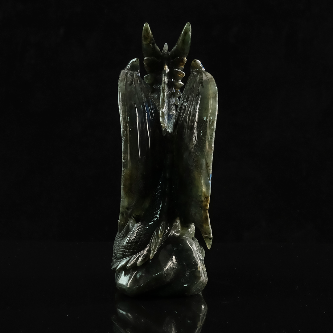 Labradorite Winged Dragon on Skull - Hand-Carved Natural Stone Sculpture