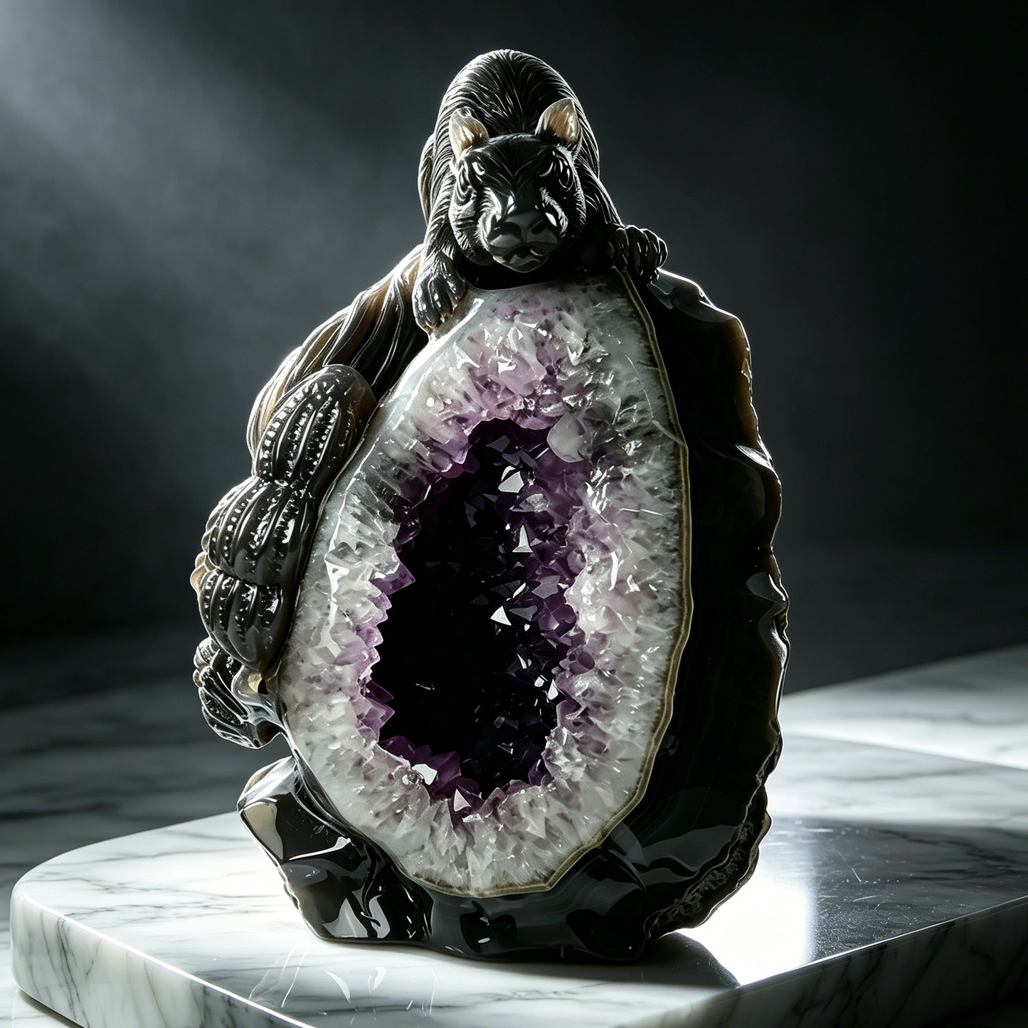 Amethyst Geode Cluster Squirrel Carving - Hand Carved Natural Crystal
