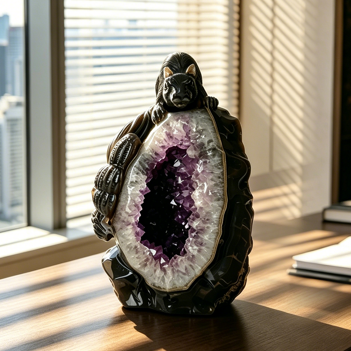 Amethyst Geode Cluster Squirrel Carving - Hand Carved Natural Crystal