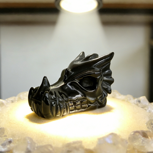 Additional view of a 4.2-inch Black Obsidian dragon skull carving