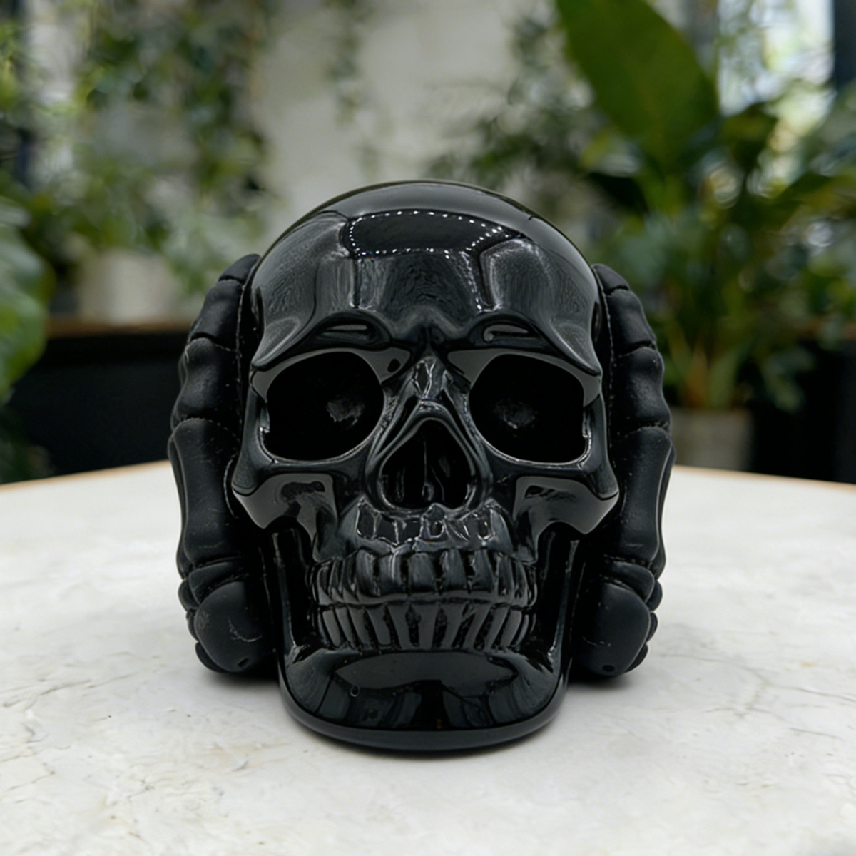 Additional view of a Black Obsidian Hear No Evil skull carving