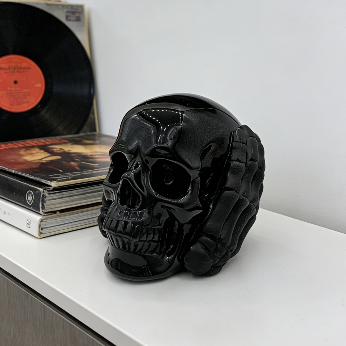 Additional view of a Black Obsidian Hear No Evil skull carving