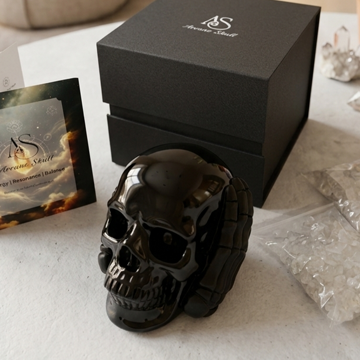 Additional view of a Black Obsidian Hear No Evil skull carving