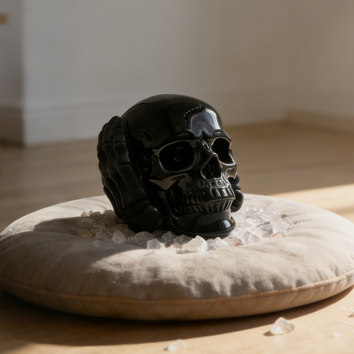 Additional view of a Black Obsidian Hear No Evil skull carving