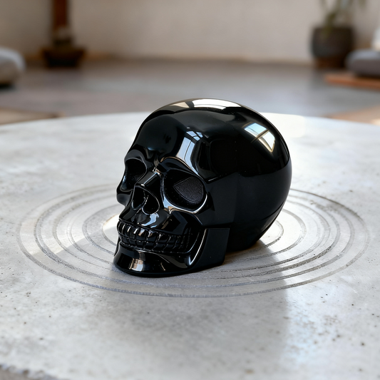 Additional view of a Black Obsidian human skull carving