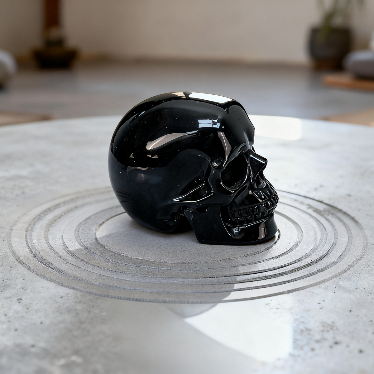 Additional view of a Black Obsidian human skull carving