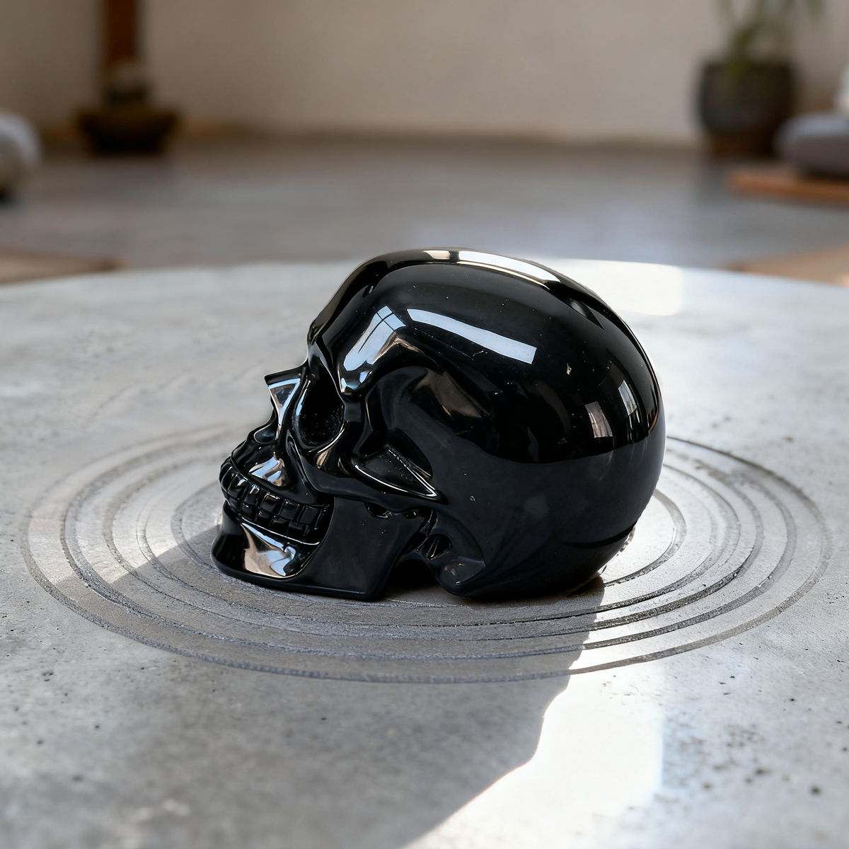 Additional view of a Black Obsidian human skull carving