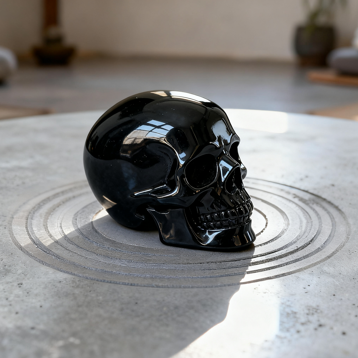 Additional view of a Black Obsidian human skull carving