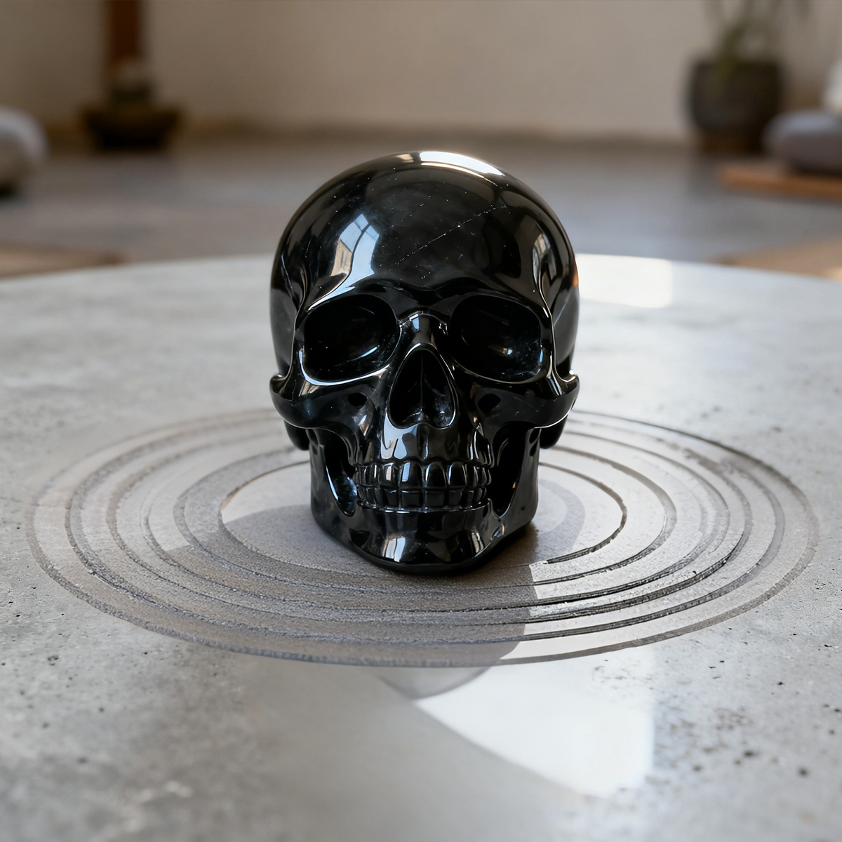 Additional view of a Black Obsidian human skull carving