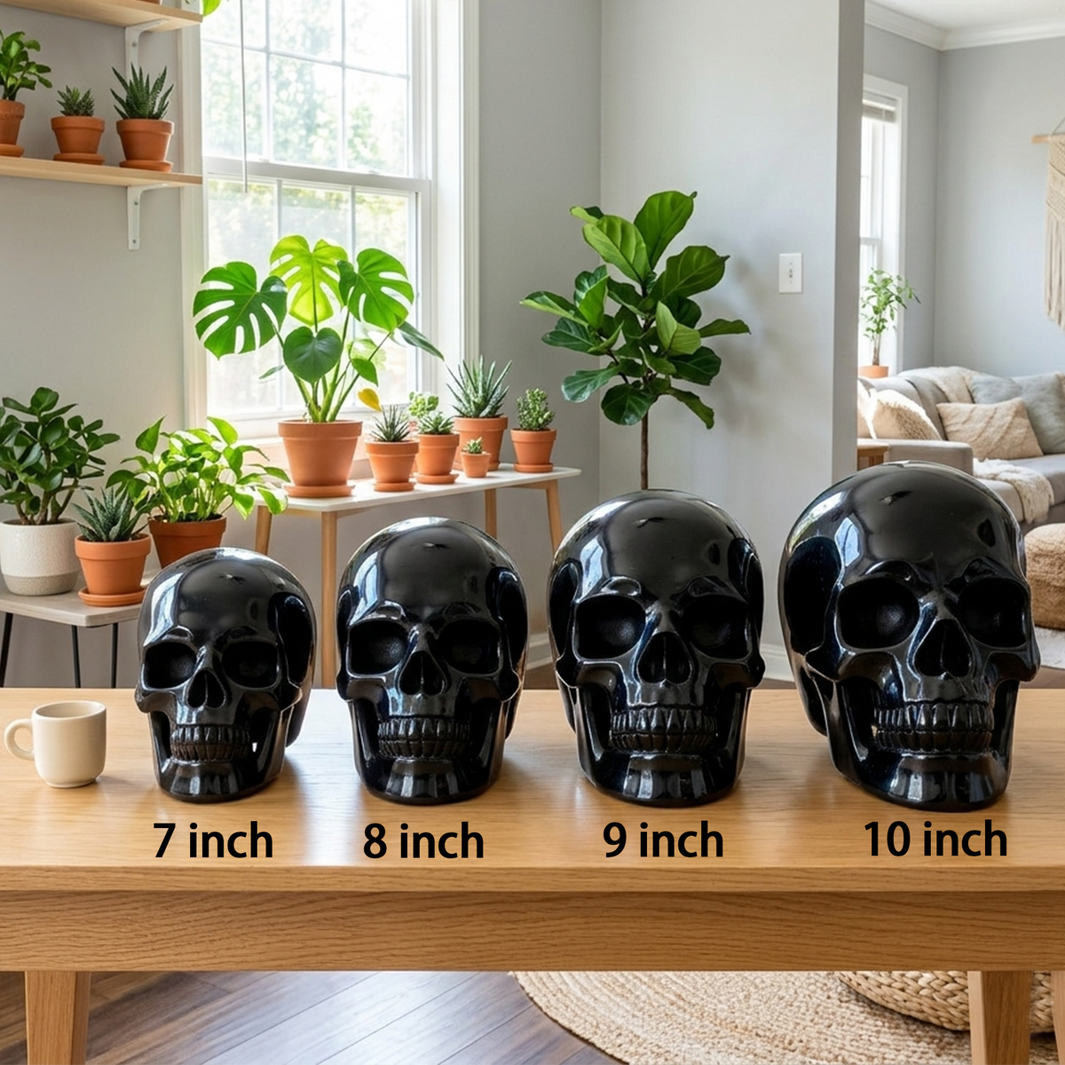 Additional view of a Black Obsidian Titan human skull carving, custom-made in sizes from 7 to 14 inches.