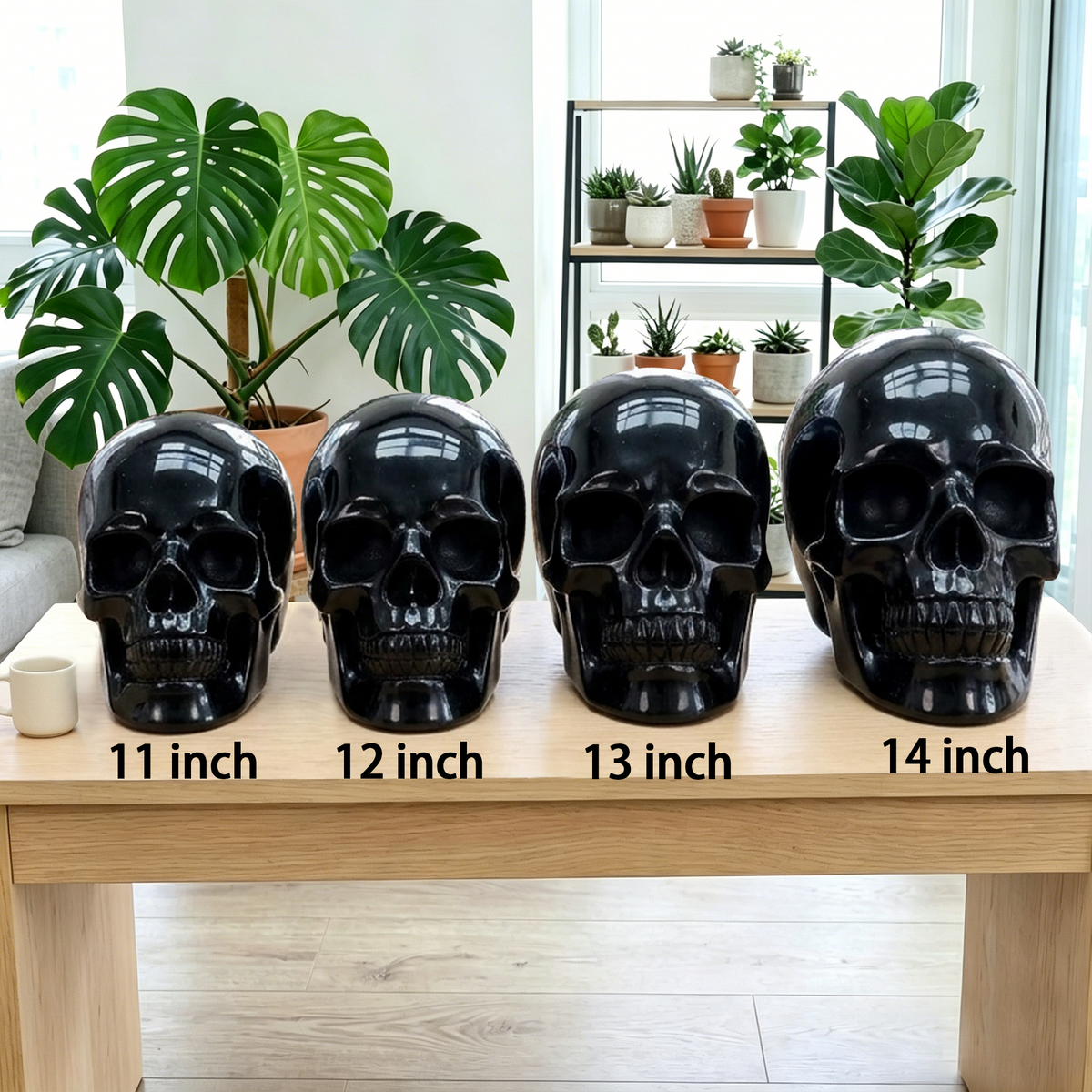 Additional view of a Black Obsidian Titan human skull carving, custom-made in sizes from 7 to 14 inches.