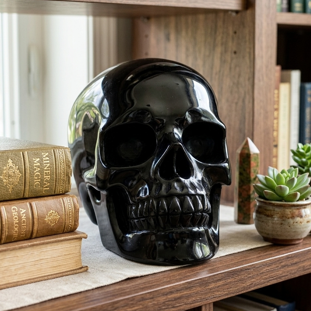 Additional view of a Black Obsidian Titan human skull carving, custom-made in sizes from 7 to 14 inches.
