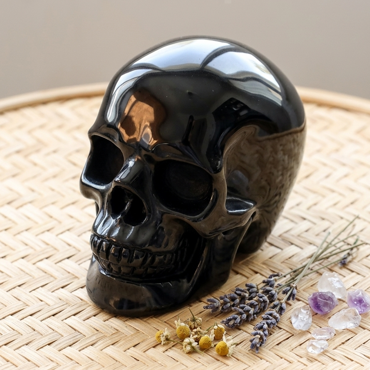 Additional view of a Black Obsidian Titan human skull carving, custom-made in sizes from 7 to 14 inches.