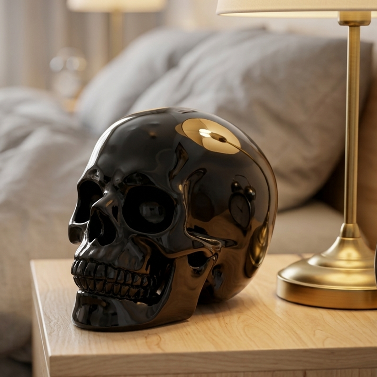 Additional view of a Black Obsidian Titan human skull carving, custom-made in sizes from 7 to 14 inches.