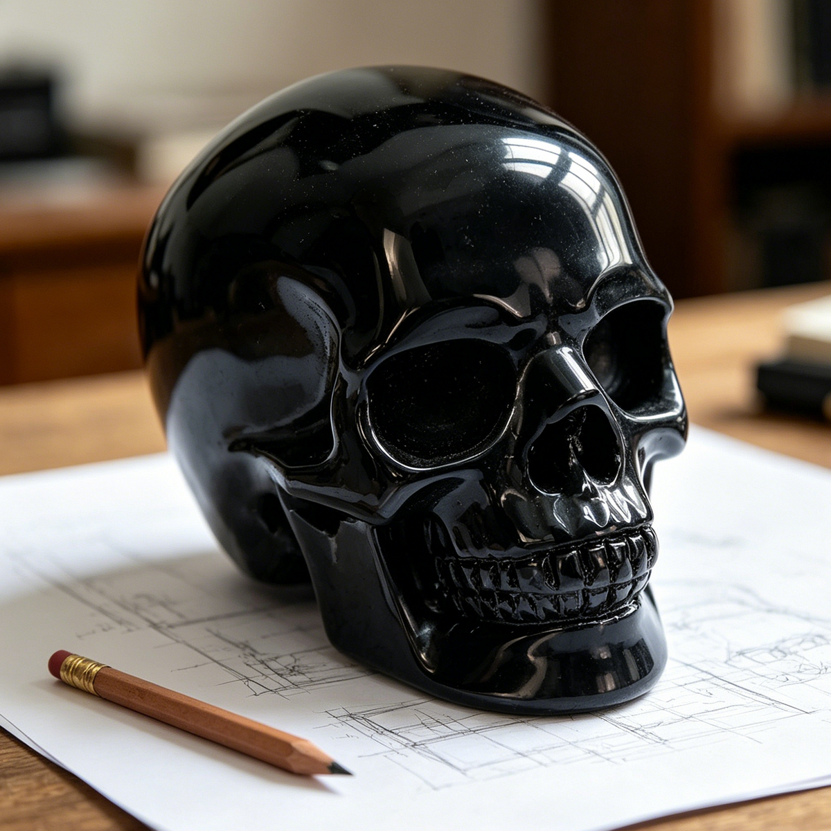 Additional view of a Black Obsidian Titan human skull carving, custom-made in sizes from 7 to 14 inches.