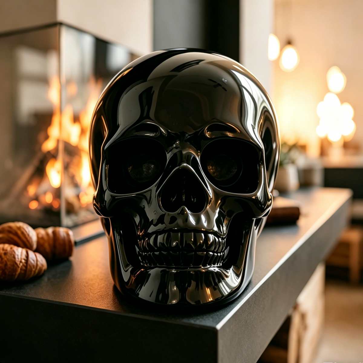 Additional view of a Black Obsidian Titan human skull carving, custom-made in sizes from 7 to 14 inches.