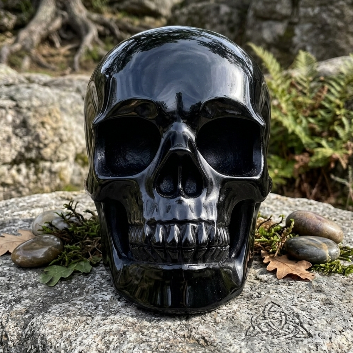 Additional view of a Black Obsidian Titan human skull carving, custom-made in sizes from 7 to 14 inches.