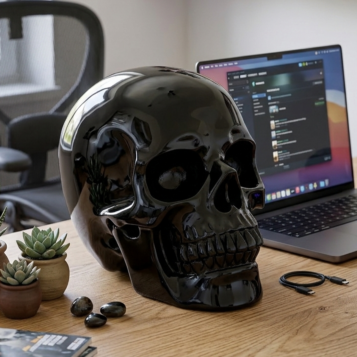 Additional view of a Black Obsidian Titan human skull carving, custom-made in sizes from 7 to 14 inches.