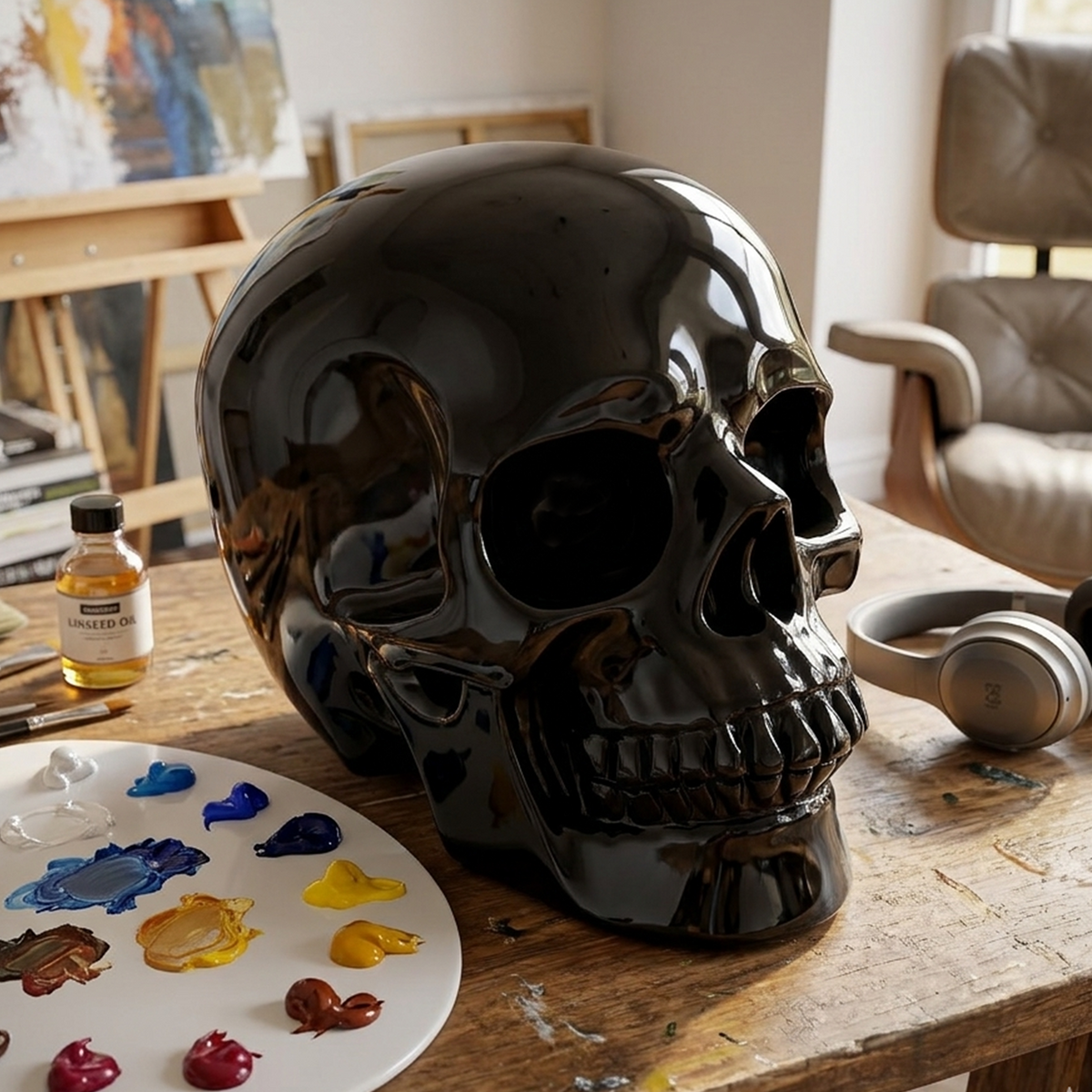 Additional view of a Black Obsidian Titan human skull carving, custom-made in sizes from 7 to 14 inches.