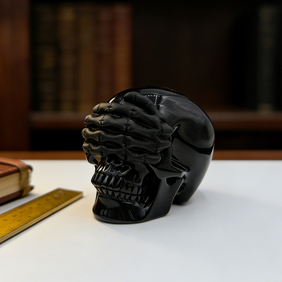 Additional view of a Black Obsidian See No Evil skull carving