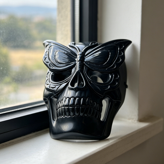 Additional view of a Black Obsidian skull with frosted butterfly mask sculpture