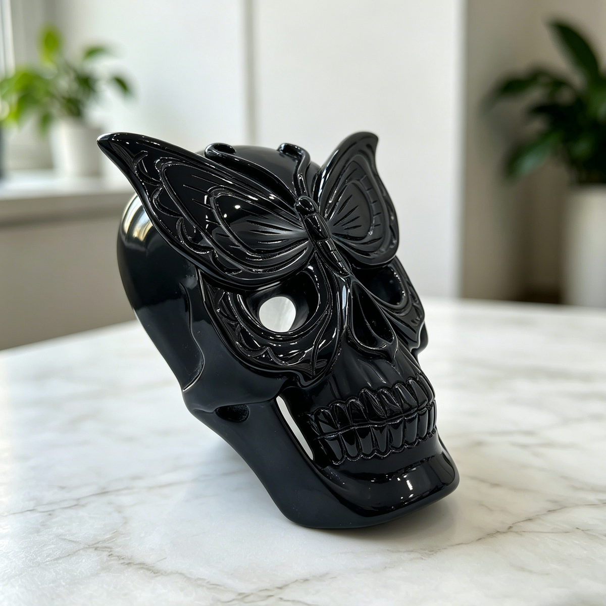 Additional view of a Black Obsidian skull with frosted butterfly mask sculpture