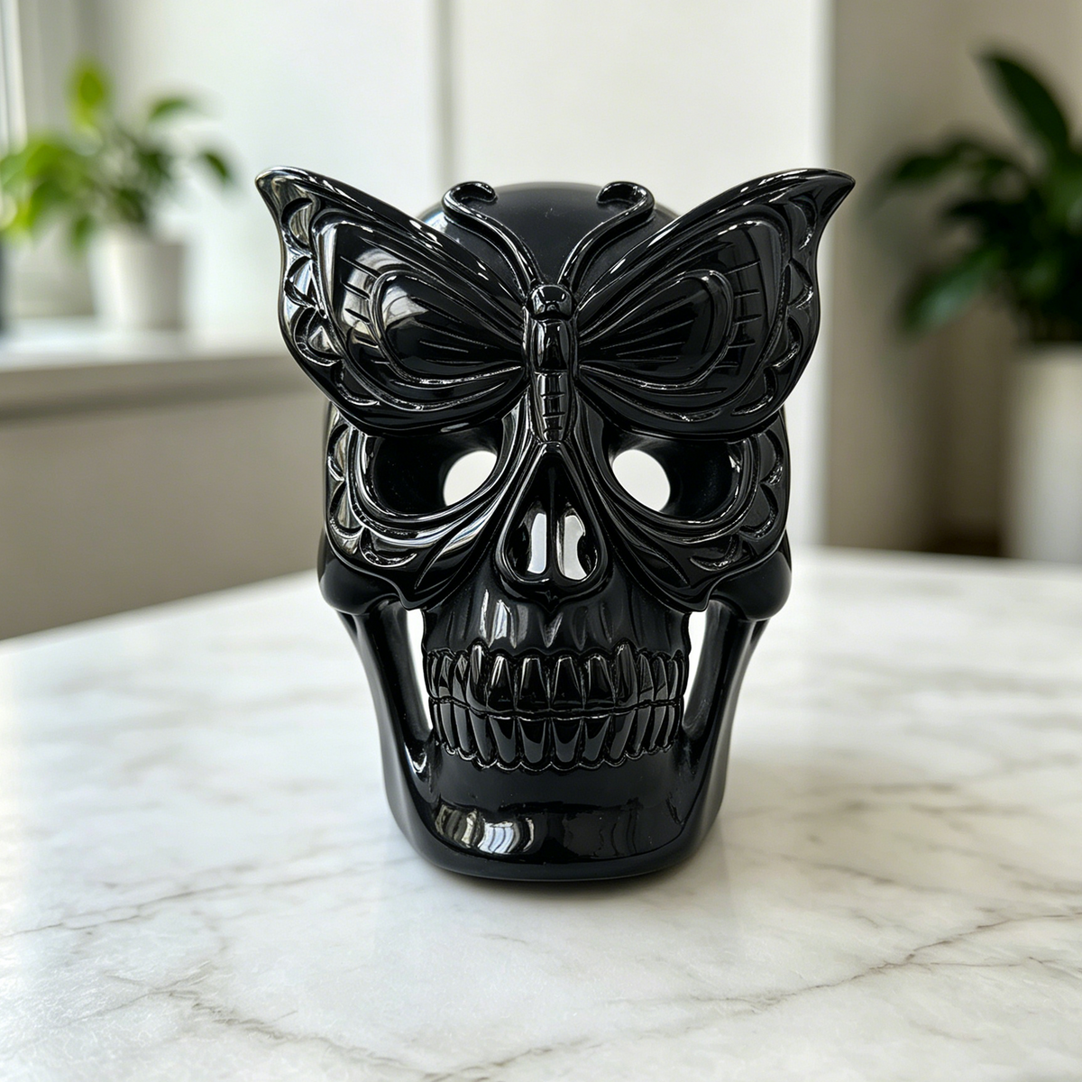 Additional view of a Black Obsidian skull with frosted butterfly mask sculpture
