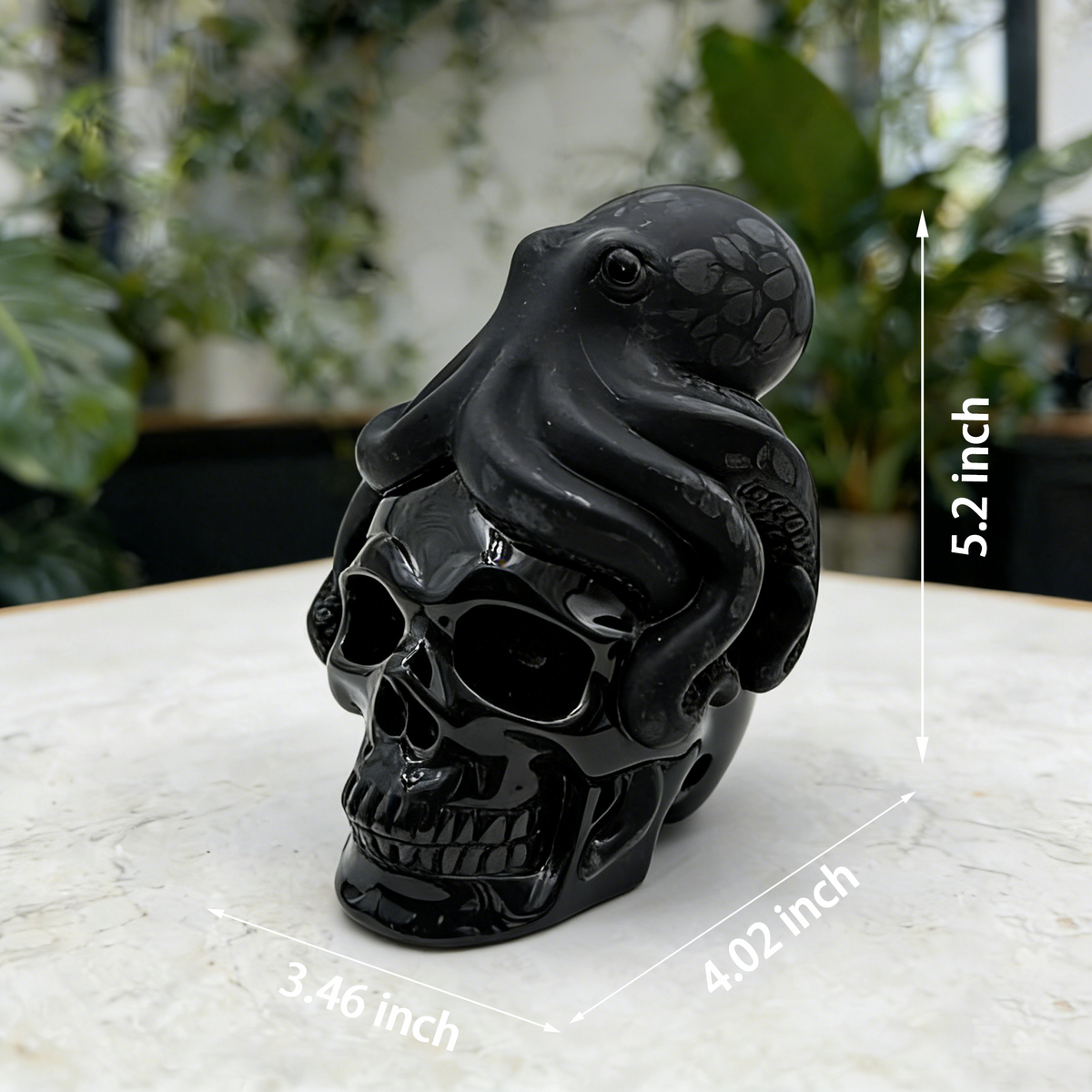 Additional view of a Black Obsidian skull and octopus sculpture