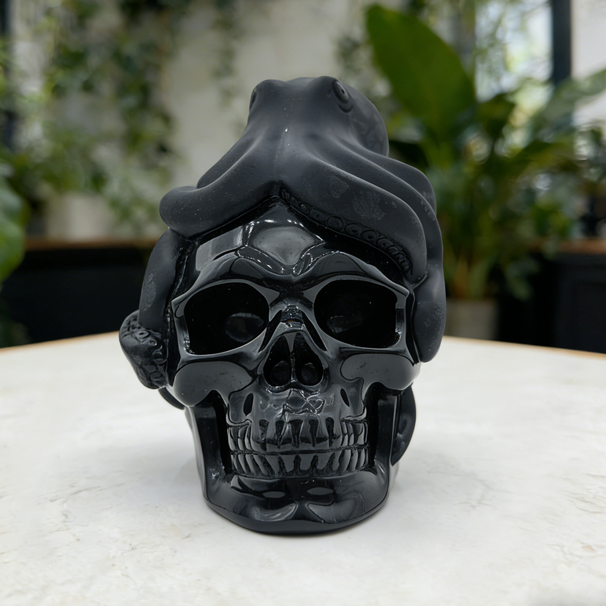 Additional view of a Black Obsidian skull and octopus sculpture