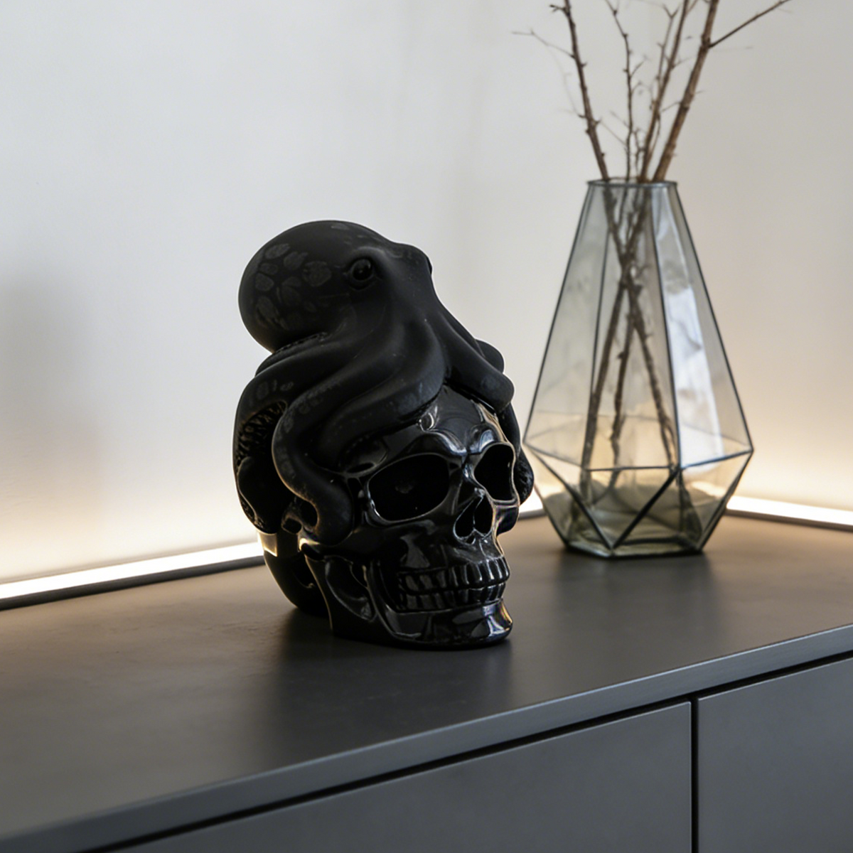 Additional view of a Black Obsidian skull and octopus sculpture