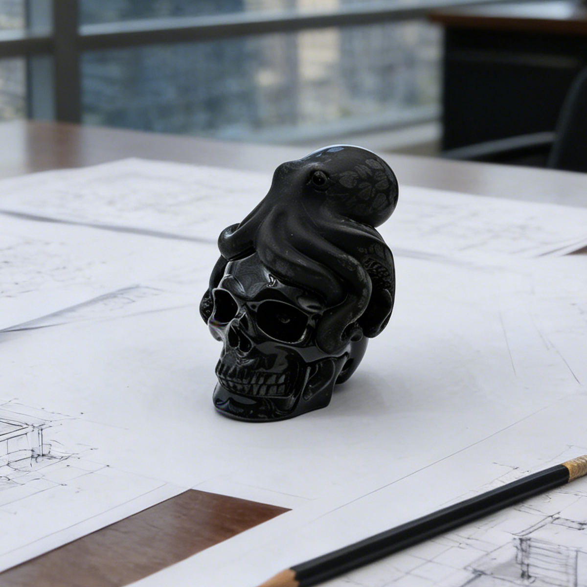 Additional view of a Black Obsidian skull and octopus sculpture