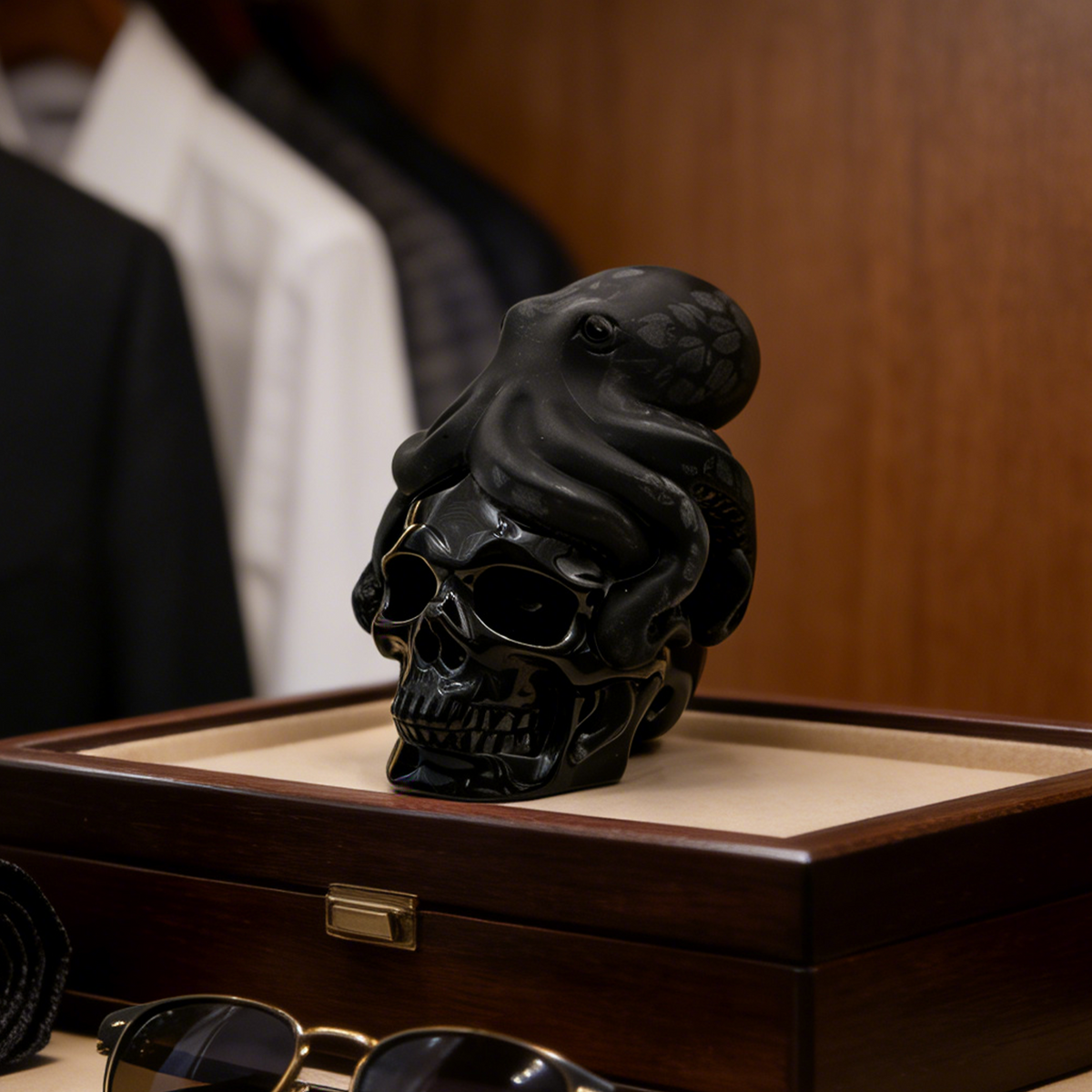 Additional view of a Black Obsidian skull and octopus sculpture