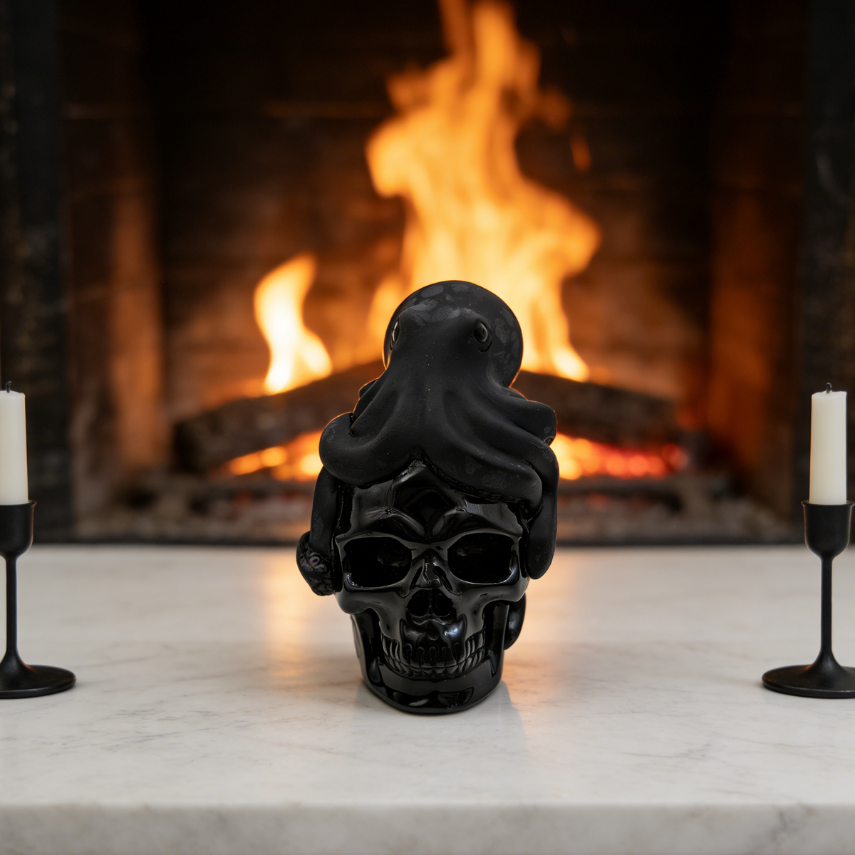 Additional view of a Black Obsidian skull and octopus sculpture