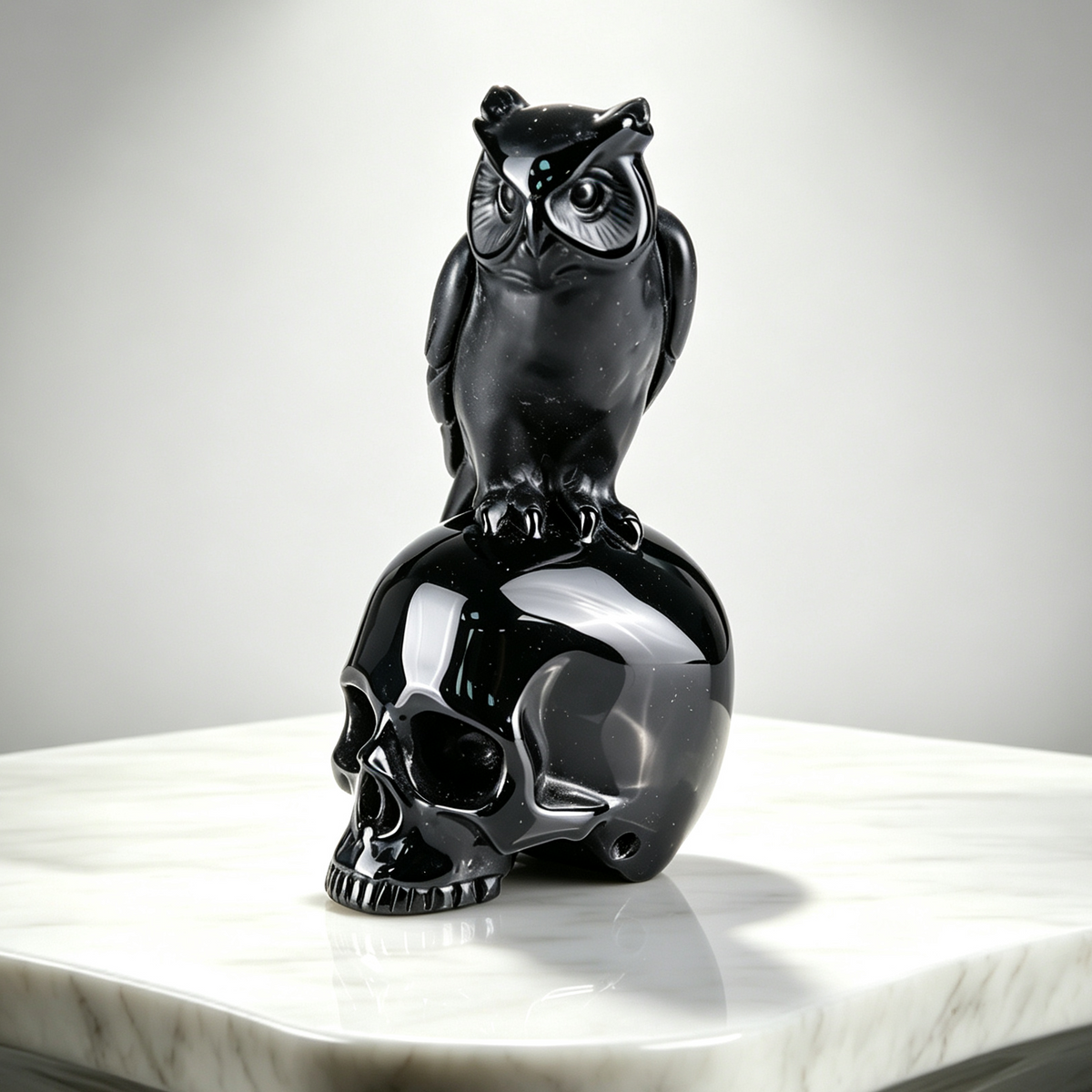 Main view of a 4-inch Black Obsidian skull and owl sculpture