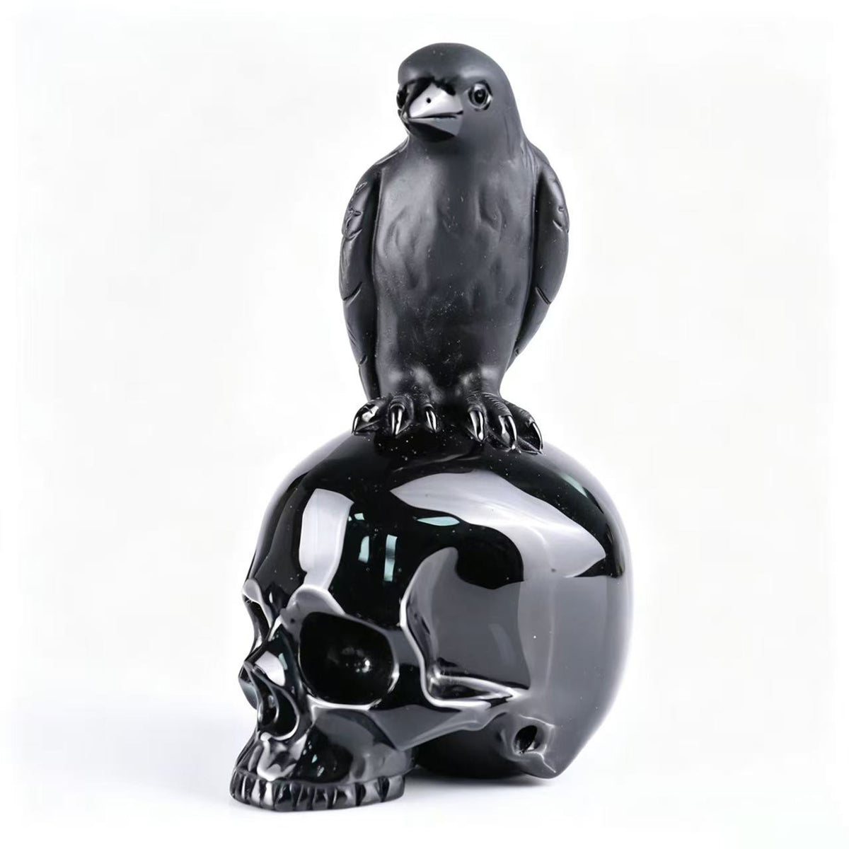 Left-front view of a Black Obsidian skull and raven sculpture