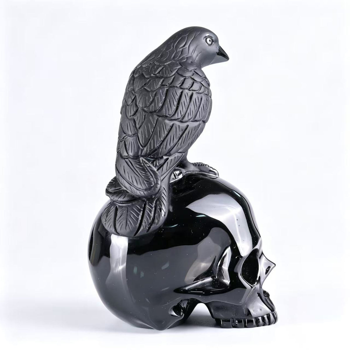 Right view of a Black Obsidian skull and raven sculpture